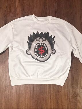 SHEIN White Crewneck Sweater with Black Graphic and Red Accent